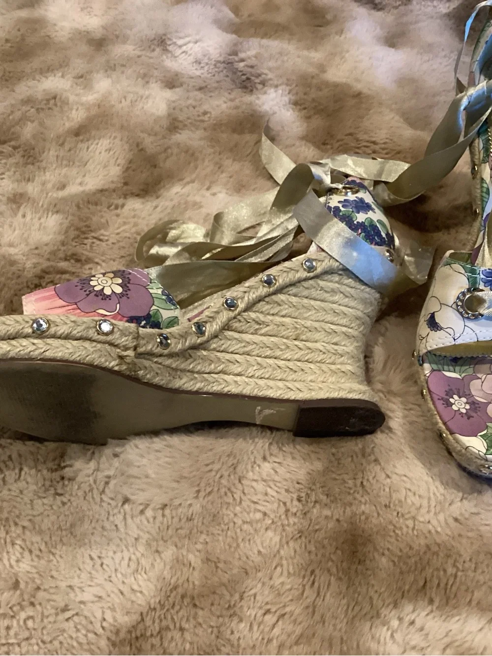 Floral Ribbon Espadrille Wedge Sandals - Purple Floral